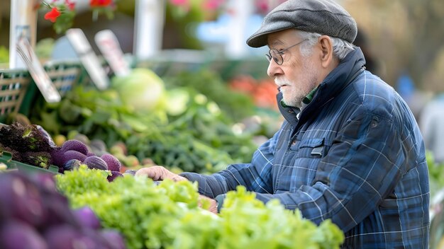写真 農家市場で新鮮な農産物を買う際の栄養を優先する年配の男性 コンセプト 健康的な食事 高齢者ライフスタイル 農民市場新鮮な産物栄養