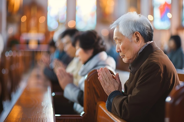 写真 年配の男性が教区の人々と一緒に教会で祈っています