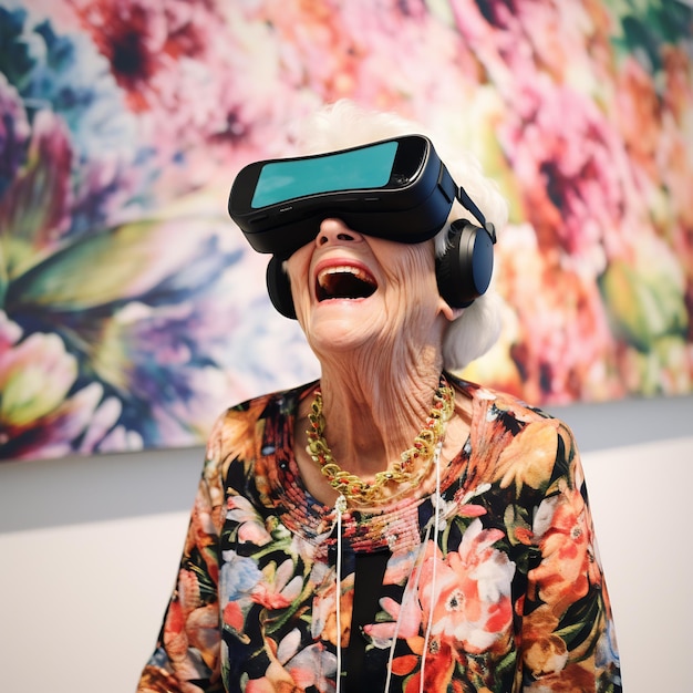 Фото Пожилая женщина, погруженная в художественную галерею виртуальной реальности, ее глаза наполнились благоговением и удивлением.