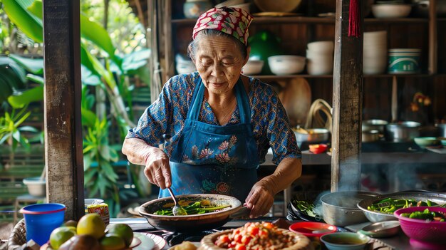 写真 高齢の女性が伝統的なキッチンで料理をしています彼女はカラフルなエプロンとヘッドスカーフを着ています