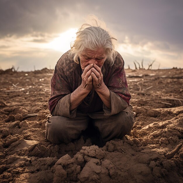 Фото Пожилая женщина сидела сгибая колени на сухой земле и руки закрыты на его лице глобальное потепление