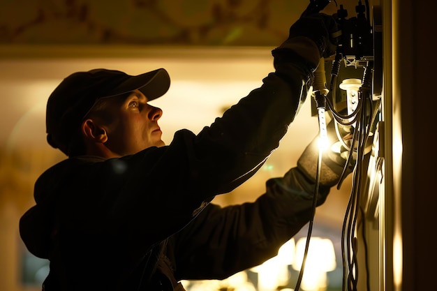 写真 電気修理の専門知識を示す暗く照らされた部屋の照明装置を修理する電気技師