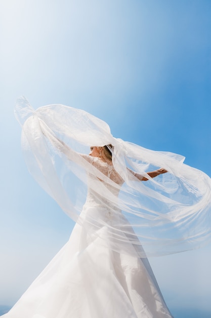 Фото Элегантная невеста стоит с раскинутыми руками и ветром сдувает вуаль.