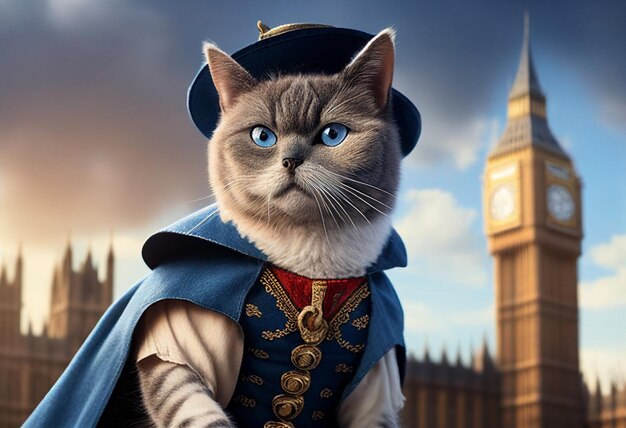 Фото Элегантный британский кот в традиционном платье на фоне британской достопримечательности сгенерировано ai