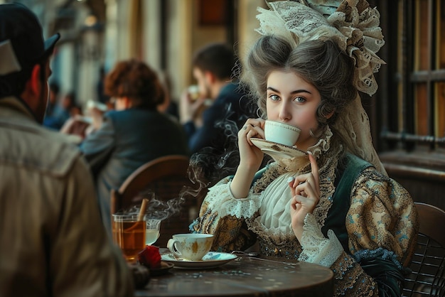 사진 우아 한 르네상스 시대 의 옷 을 입은 여자 가 카페 에서 커피 를 마시고 있다