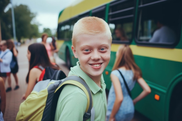 사진 초등학교 금발 소년이 노란색 스쿨버스 옆에 서서 학교로 돌아가는 기쁨 f