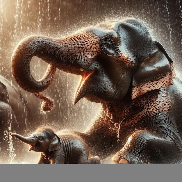 Фото Слоненок брызгает водой на своего детеныша под мелодию, созданную искусственным интеллектом