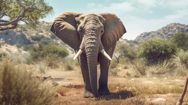 写真 木々を背景に乾いた風景の中を歩く象 野生動物の写真