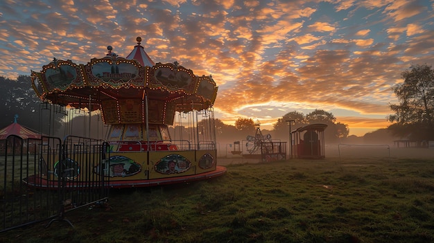 写真 黎明の空の遊園地 空はオレンジと黄色の混合物です フェリスホイールは画像の主な焦点です