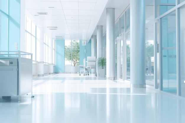 写真 青い壁と白い床を持つ空の病院の廊下