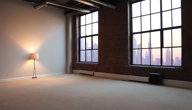 Фото Пустый лофт в нью-йорке с растениями, окнами, ковром, макетной рамкой дополненной реальности.