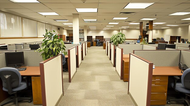 Фото Пустое офисное пространство с кабинами и компьютерами офис покрыт ковром и имеет низменный потолок