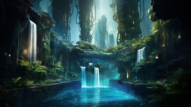 写真 生物発光植物の静かなプールの上にそびえ立つ、複雑に設計された巨大な機械構造物 構造物の中心から魅惑的な滝がこぼれ、そのきらめく水