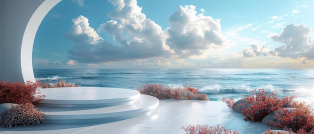 写真 やかなビーチビューを持つ魅力的な白い3dリアルなポディウムが静けさとエレガントさを呼び起こします