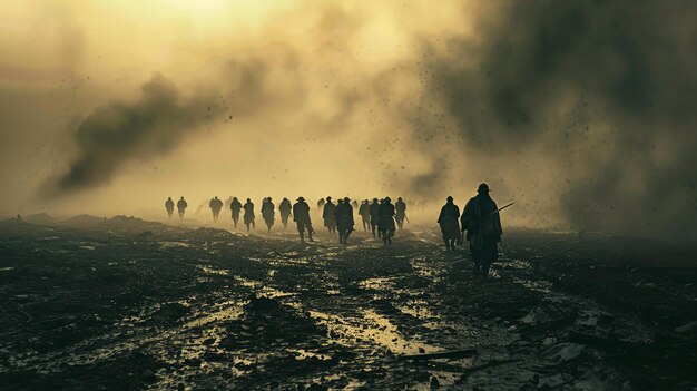 写真 荒れ果てた荒野を歩く一団の兵士の壮大なシーン