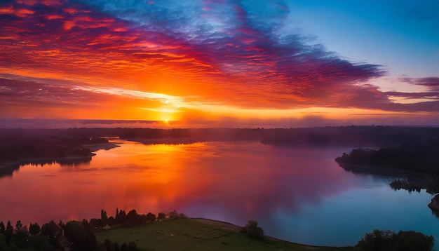Фото Эпический восход солнца над озером с яркими цветами