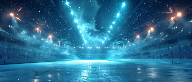 写真 フローズン・スプレンダーで空のアイスホッケー・スタジアムの3dレンダリングにエーテル・ブルーの色彩が照らされています