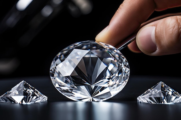 写真 拡大鏡を通して丸いカットのダイヤモンドの品質を評価する専門家の手