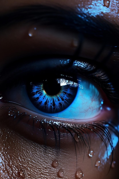Фото Экстремальный крупный план глаза человека, отражающий синий неоновый знак, символизирующий голубой понедельник