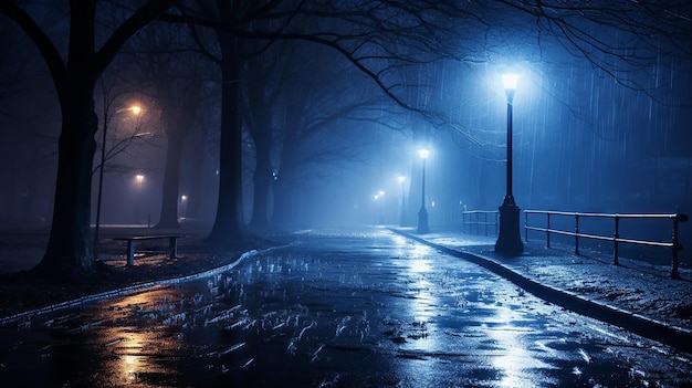 写真 荒れ果てた都市の環境で 霧の冬の夜に 街灯の下で輝く 氷の青い触覚の道