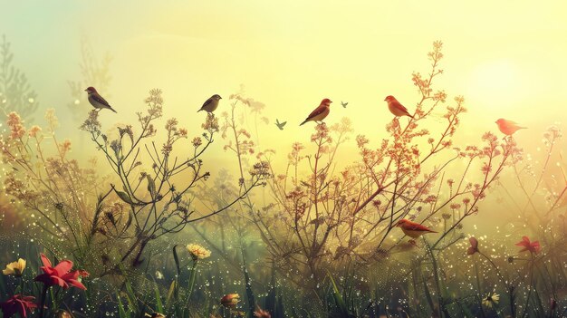 사진 새벽에 이슬로 인 초원, 꽃이 피는 나가지 꼭대기에 서서 노래하는 새들이 새 날을 멜로디로운 합창으로 환영하는 이한 장면.