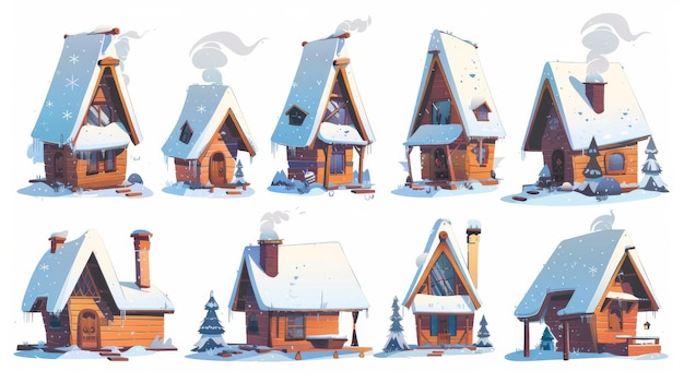 Фото Идиллическая деревянная хижина с верандой на вершине столбов, крыша, покрытая снегом, и дымовой дымоход. современный мультфильм, показывающий небольшой треугольный дом для лесного курорта или для кемпинга.