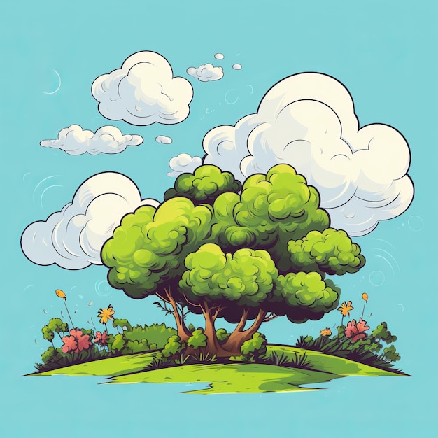 사진 하늘에 구름이 있는 만화 나무의 그림