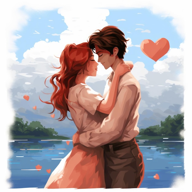 写真 湖の前でキスをするカップルのイラスト