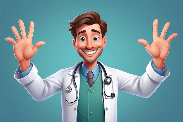 写真 笑顔で手を振る友好的な漫画の医師のイラスト