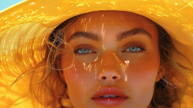 Фото Иллюстрация девушки, загоравшей на пляже летом в большой желтой шляпе