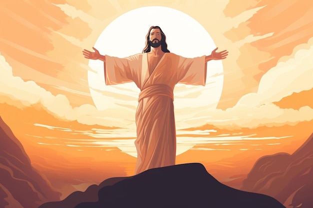 사진 예수가 산 꼭대기에 앉아서 태양이 뒤에 있는 그림.