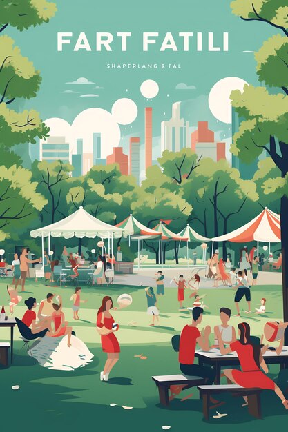 Фото Иллюстрация людей в парке на фоне городского пейзажа.