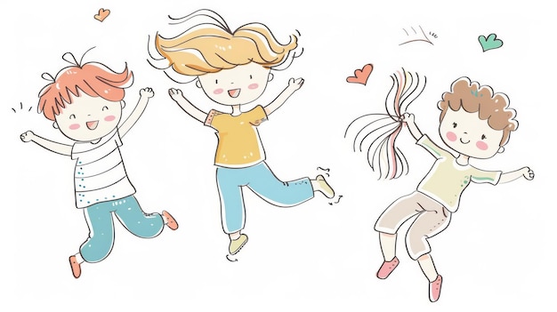 사진 즐거움 으로 점프 하는 사랑스러운 어린이 들 의 그룹 을 보여 주는 일러스트레이션 이 평평 하고 미니멀 한 디자인 이다