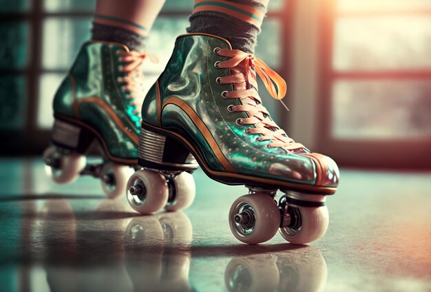 写真 レトロのローラースケートと明るいai画像の女性の足のイラスト