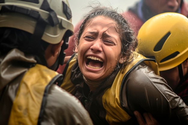 写真 涙を流す生存者がパニックと痛みから逃れるときの安堵の劇的な感情を捉えた画像
