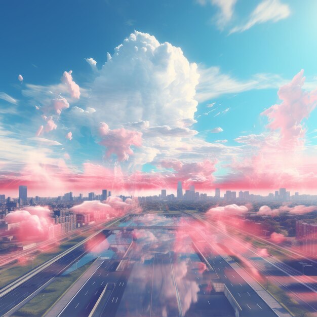 사진 하늘에 분홍색 구름이 있는 도시의 이미지입니다.