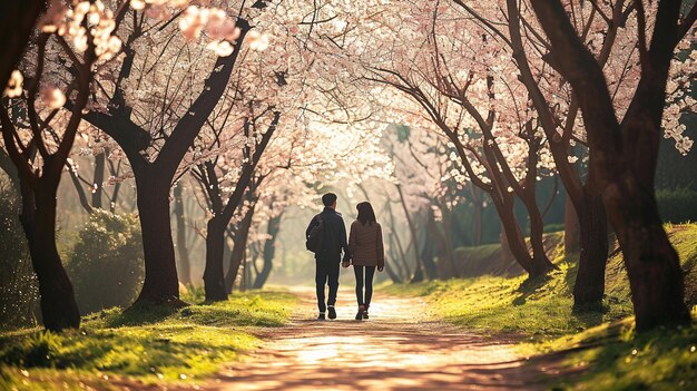 사진 손을 잡고 꽃을 피우는 체리 꽃으로 가득 찬 경치 좋은 공원을  ⁇ 고 있는 커플 의 이미지