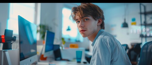 Фото an image of a focused caucasian young man working on a computer in a modern bright office collaborating online with colleagues is carried out by a competent human resources agent