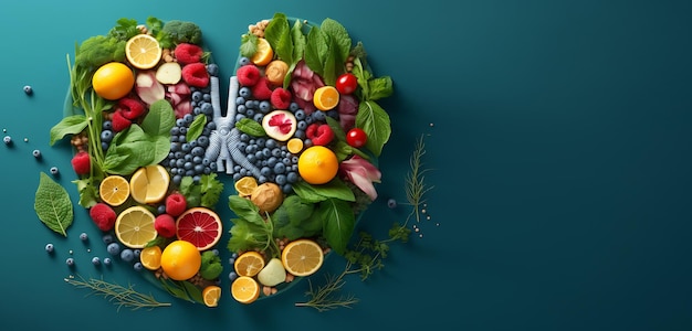 写真 さまざまな果物と野菜で作られたハートのイメージ