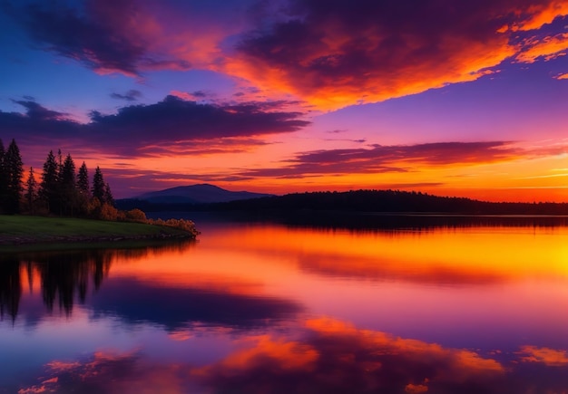 Фото an image of a vibrant sunset over a serene lake serene mountain sunrise misty lake reflections at