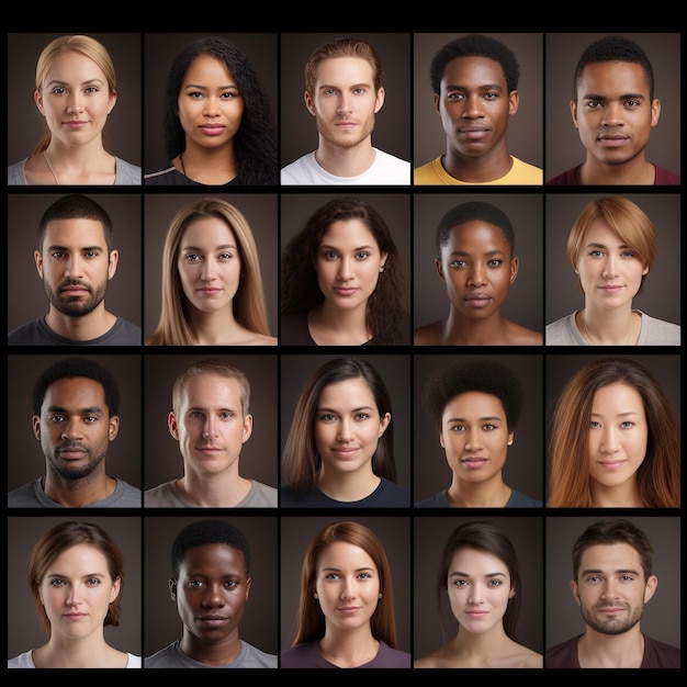 Фото Изображение, показывающее сетку лиц многих разных людей разных этнических групп