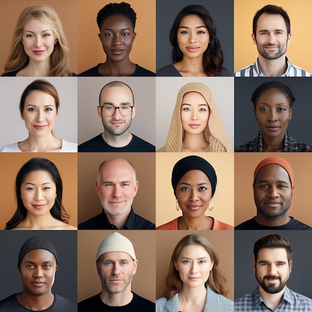 Фото Изображение, показывающее сетку лиц многих разных людей разных этнических групп