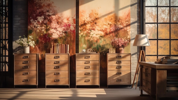 Фото Импрессионистская картина деревенских деревянных шкафов, переполненных цветущими цветами в освещенном солнцем винтажном офисе.