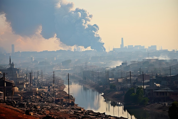 写真 川の向こうから見えるほど煙突と建物から煙が出る工業地帯