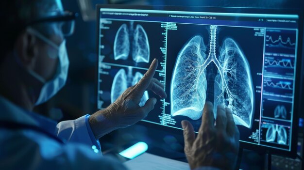 写真 バーチャルヒューマン 肺とロングコロナウイルス インターフェースの画面で働く医療技術のコンセプト 医療と医療のイノベーションと医療