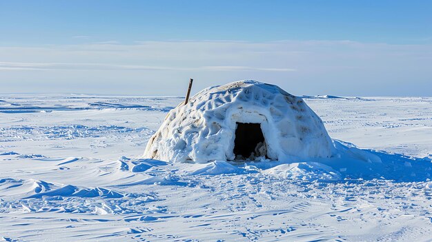 Фото Иглу инуитов находится на замороженной тундре. иглу сделано из блоков льда и снега и имеет небольшой вход.
