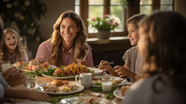 사진 아름다운 저녁 식사 테이블 을 둘러싸고 모인 가족 의 매력적 인 사진