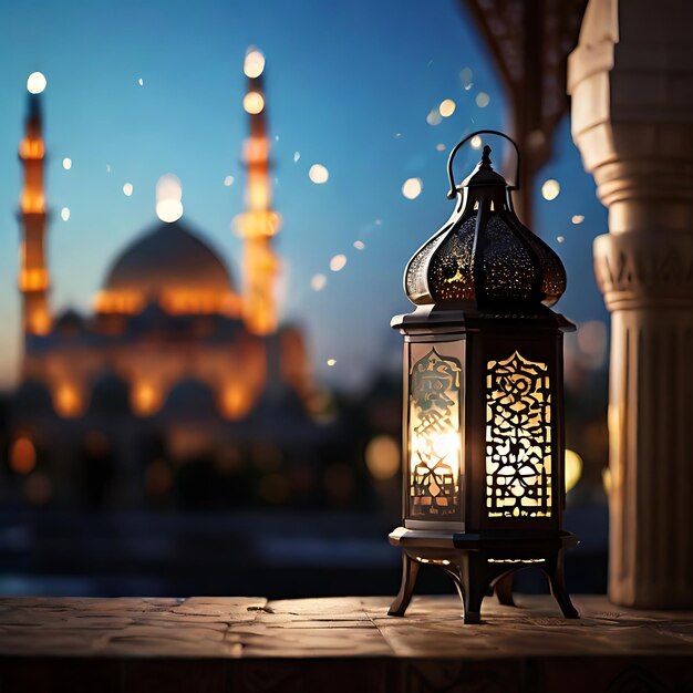 Фото Исламский фонарь с размытой мечетью на заднем плане генеративный ии