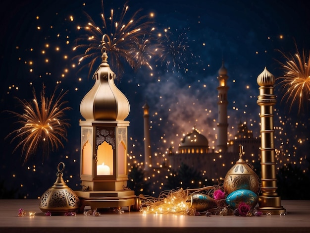 Фото Исламский фонарь с размытой мечетью на заднем плане