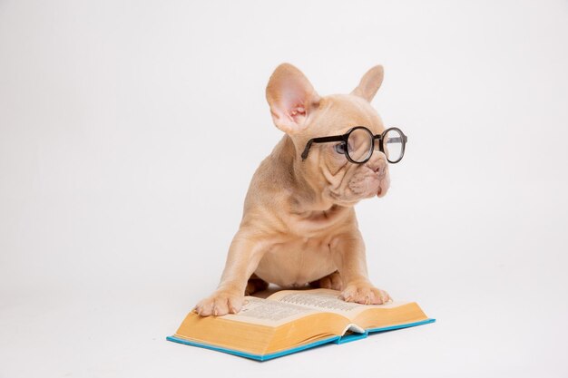 写真 白い背景のメガネと本を身につけたイソベルカラーのフランス語ブルドッグの子犬